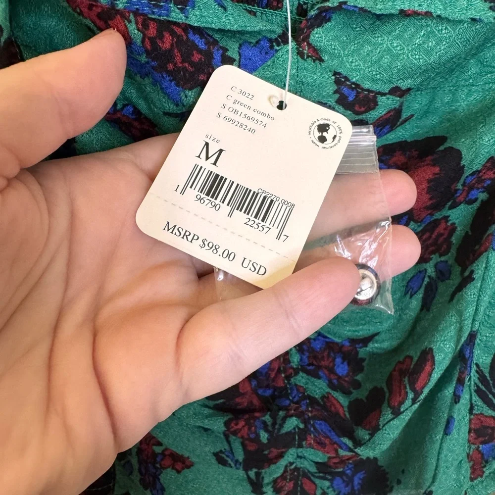NEW Free People Green Puff Sleeve Ruched Blouse